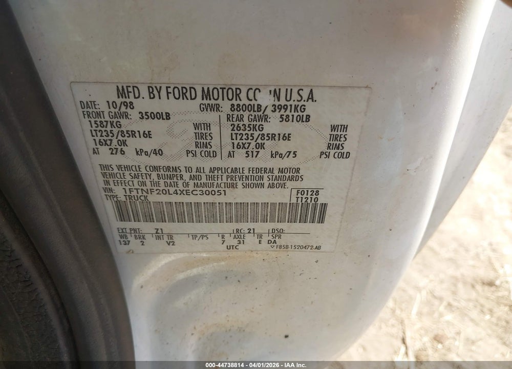 1999 FORD F-250 LARIAT/XL/XLT VIN: 1FTNF20L4XEC30051