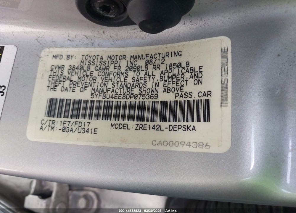 2013 TOYOTA COROLLA S VIN: 5YFBU4EE8DP075369