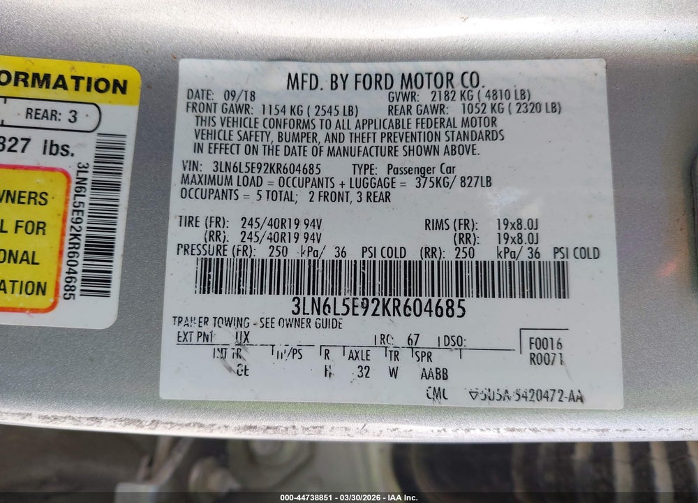 2019 LINCOLN MKZ RESERVE II VIN: 3LN6L5E92KR604685
