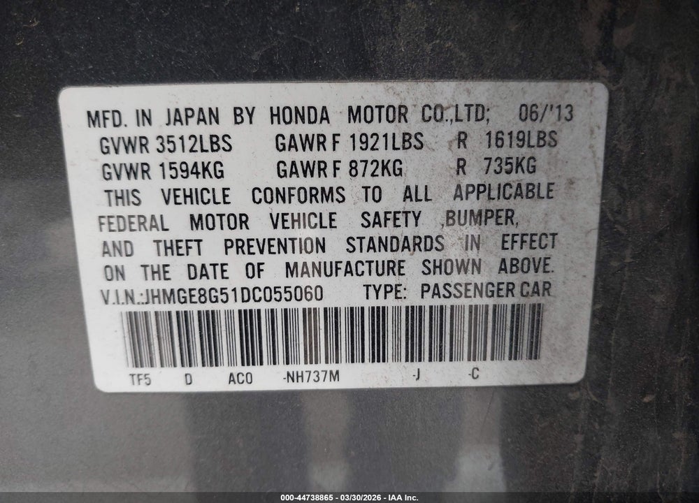 2013 HONDA FIT SPORT VIN: JHMGE8G51DC055060