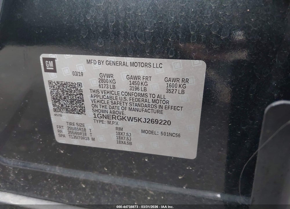 2019 CHEVROLET TRAVERSE 1LT VIN: 1GNERGKW5KJ269220