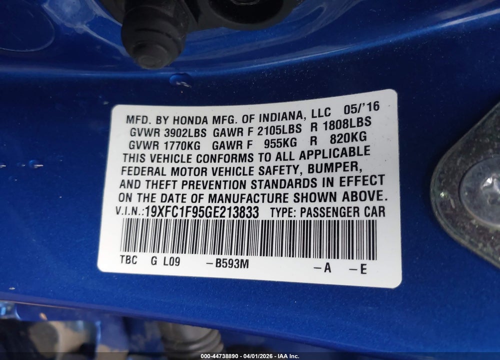 2016 HONDA CIVIC TOURING VIN: 19XFC1F95GE213833