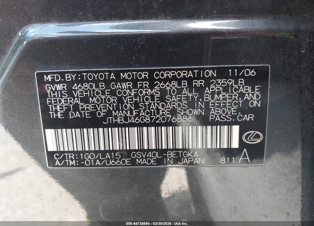 2007 LEXUS ES 350 VIN: JTHBJ46G872076886