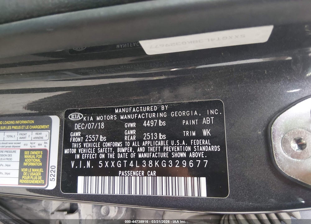 2019 KIA OPTIMA LX VIN: 5XXGT4L38KG329677