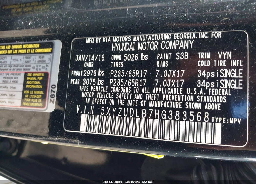 2017 HYUNDAI SANTA FE SPORT 2.4L VIN: 5XYZUDLB7HG383568
