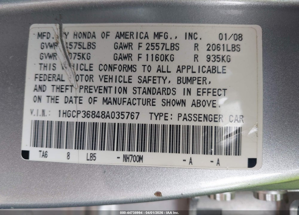 2008 HONDA ACCORD 3.5 EX-L VIN: 1HGCP36848A035767