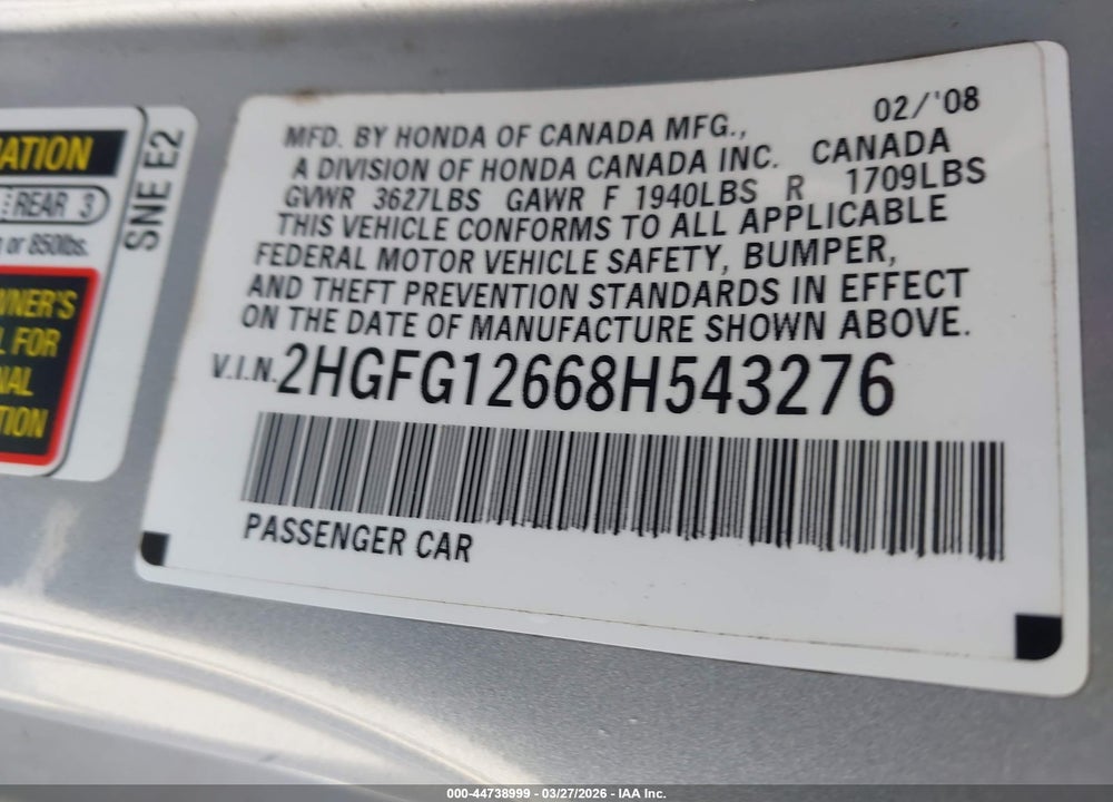 2008 HONDA CIVIC LX VIN: 2HGFG12668H543276