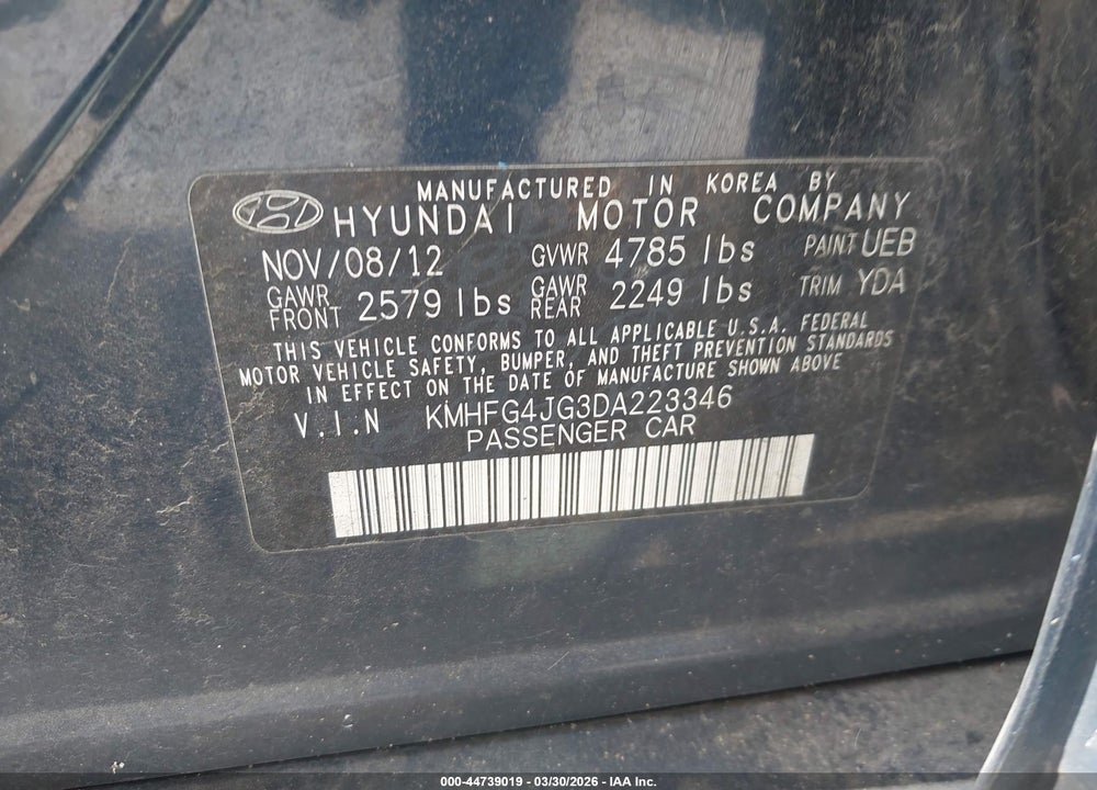 2013 HYUNDAI AZERA VIN: KMHFG4JG3DA223346