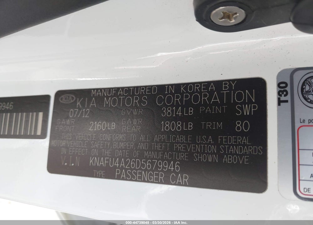 2013 KIA FORTE EX VIN: KNAFU4A26D5679946