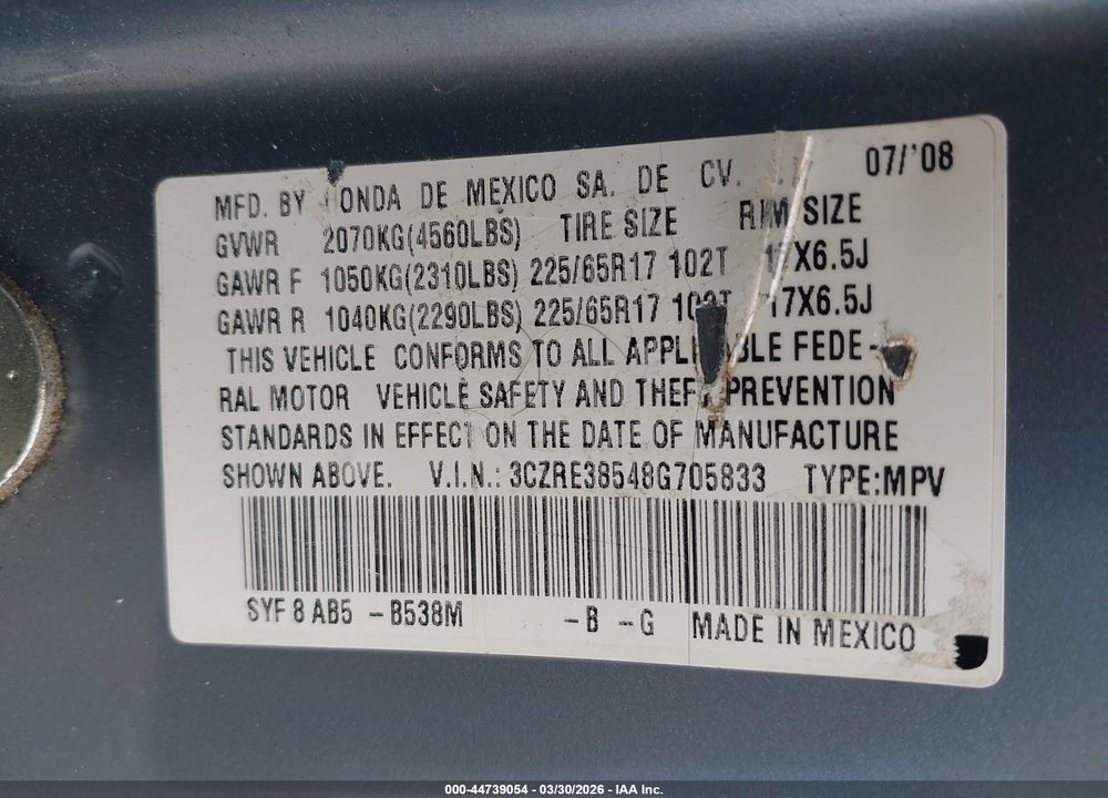 2008 HONDA CR-V EX VIN: 3CZRE38548G705833