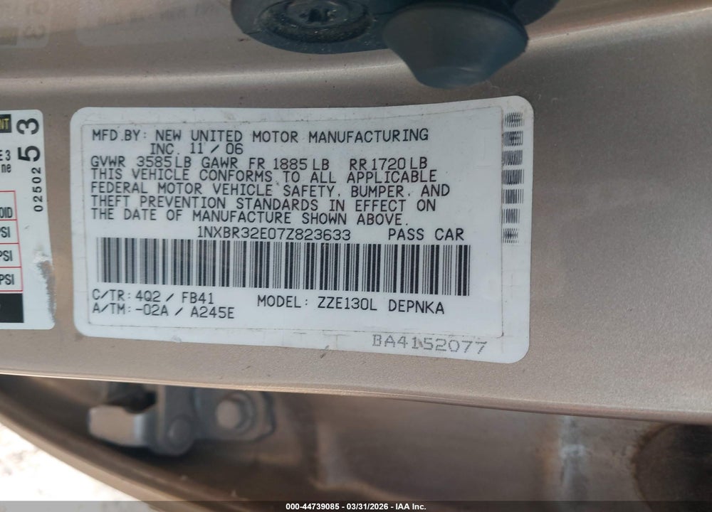 2007 TOYOTA COROLLA LE VIN: 1NXBR32E07Z823633