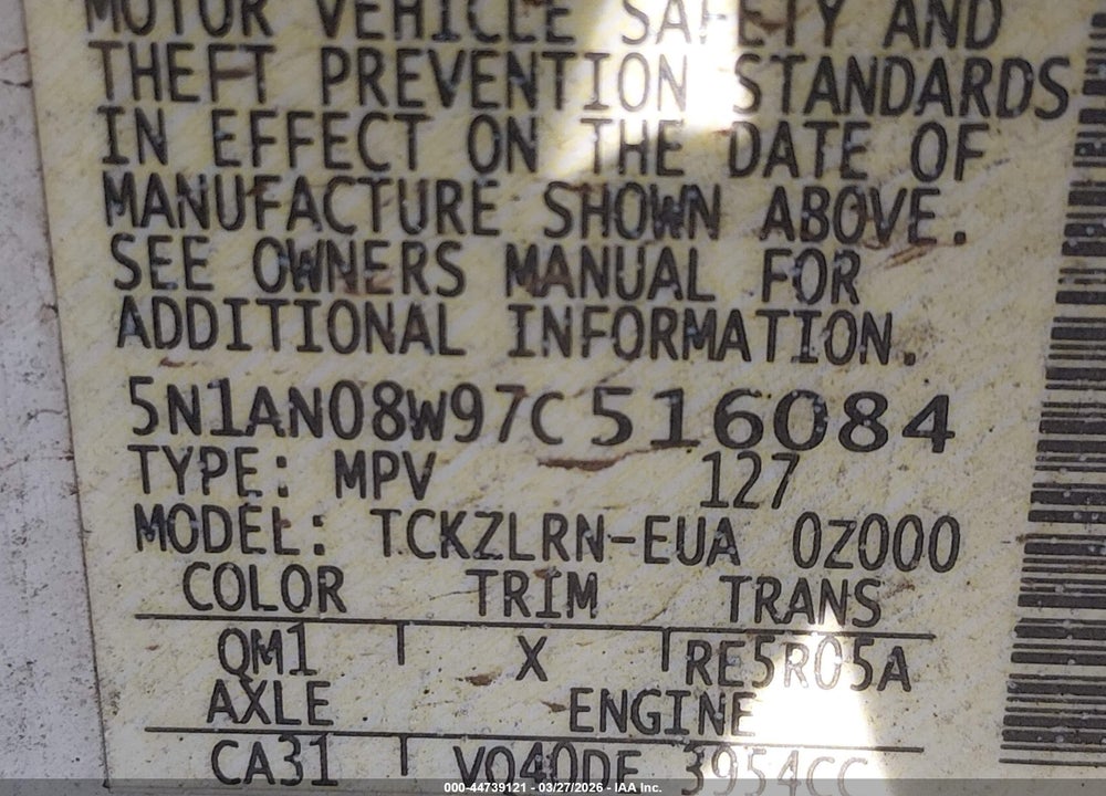 2007 NISSAN XTERRA S VIN: 5N1AN08W97C516084
