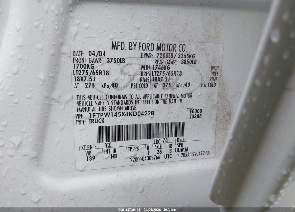 2004 FORD F-150 FX4/LARIAT/XLT VIN: 1FTPW145X4KD04228