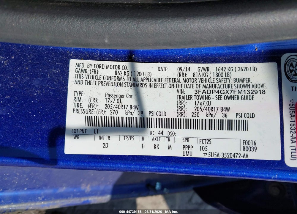 2015 FORD FIESTA ST VIN: 3FADP4GX7FM132918