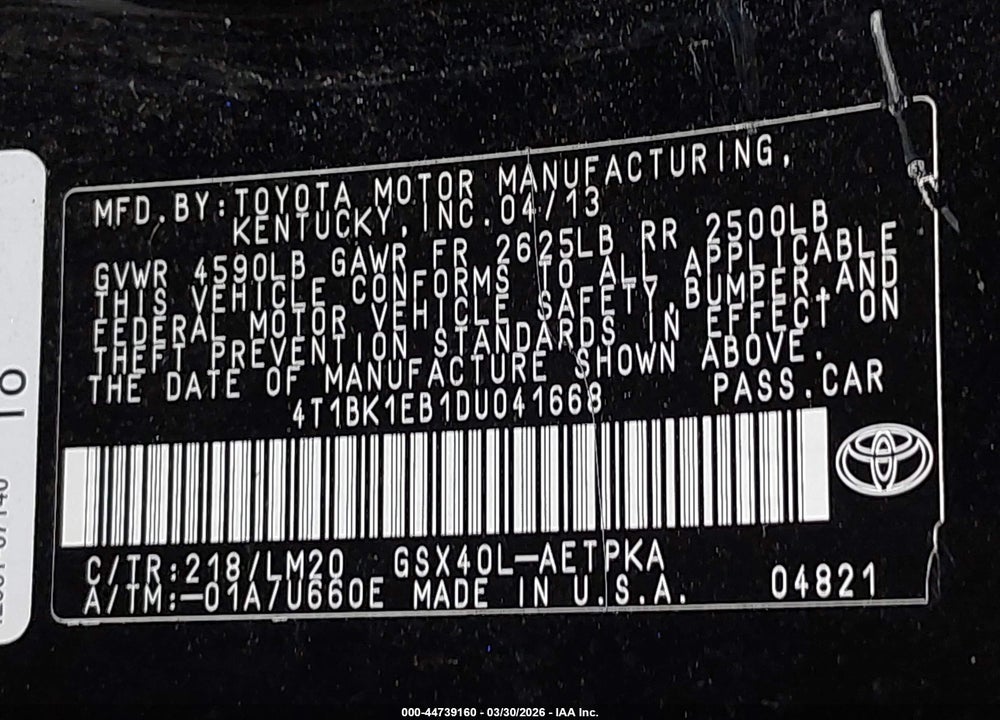 2013 TOYOTA AVALON LIMITED VIN: 4T1BK1EB1DU041668