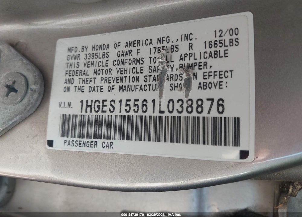 2001 HONDA CIVIC LX VIN: 1HGES15561L038876