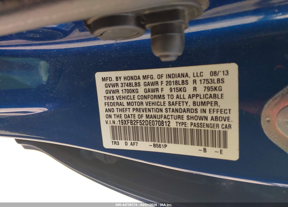 2013 HONDA CIVIC LX VIN: 19XFB2F52DE070812