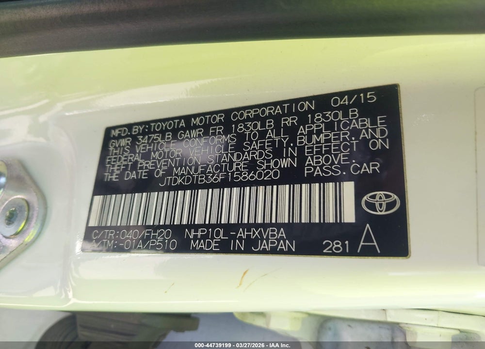 2015 TOYOTA PRIUS C ONE VIN: JTDKDTB36F1586020