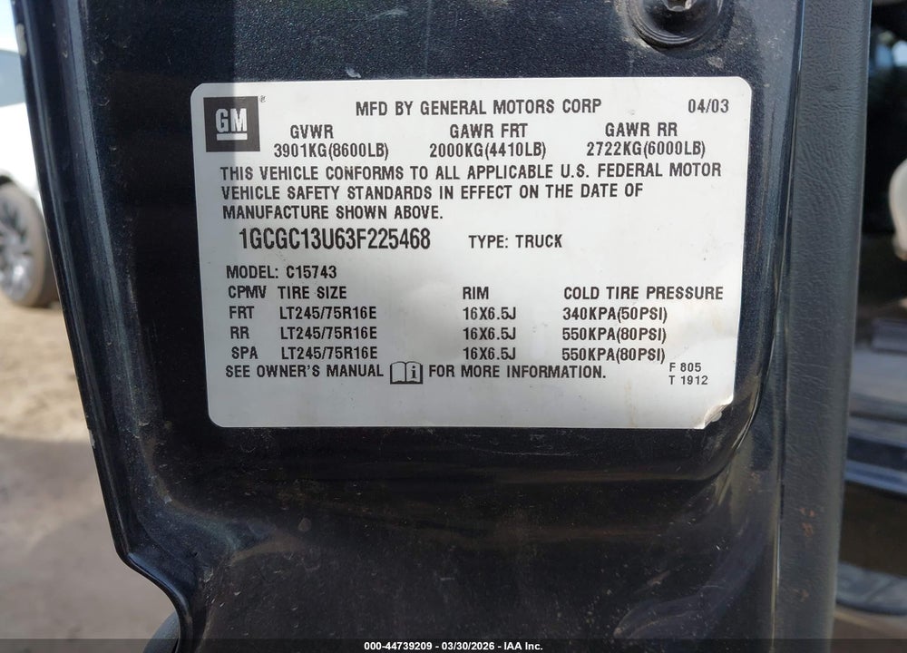 2003 CHEVROLET SILVERADO 1500HD LS VIN: 1GCGC13U63F225468