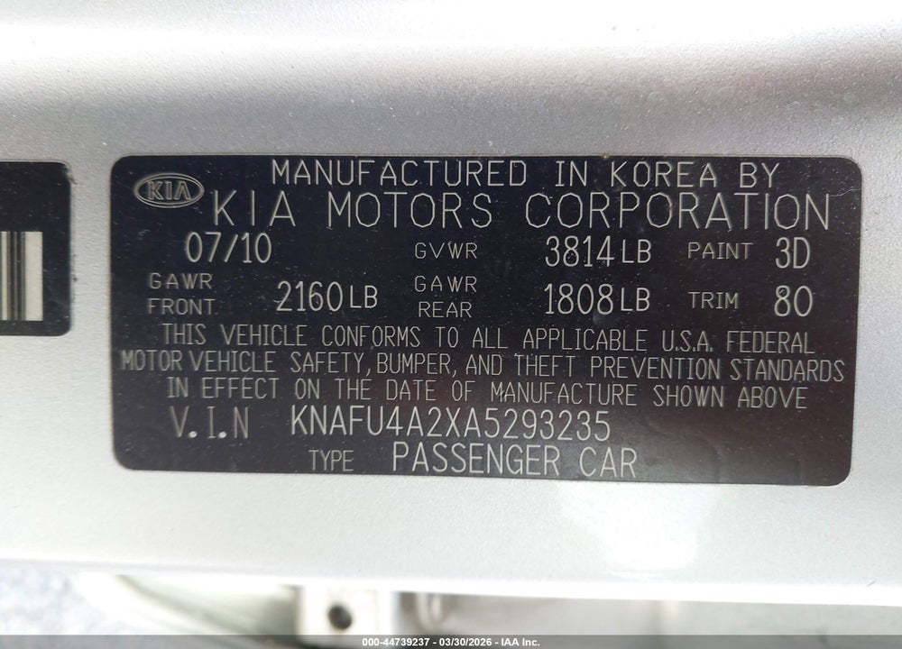 2010 KIA FORTE EX VIN: KNAFU4A2XA5293235