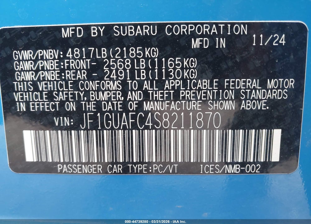 2025 SUBARU IMPREZA SPORT 5-DOOR VIN: JF1GUAFC4S8211870