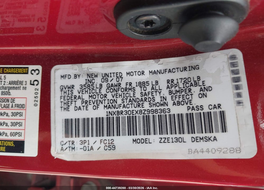 2008 TOYOTA COROLLA S VIN: 1NXBR30EX8Z998363