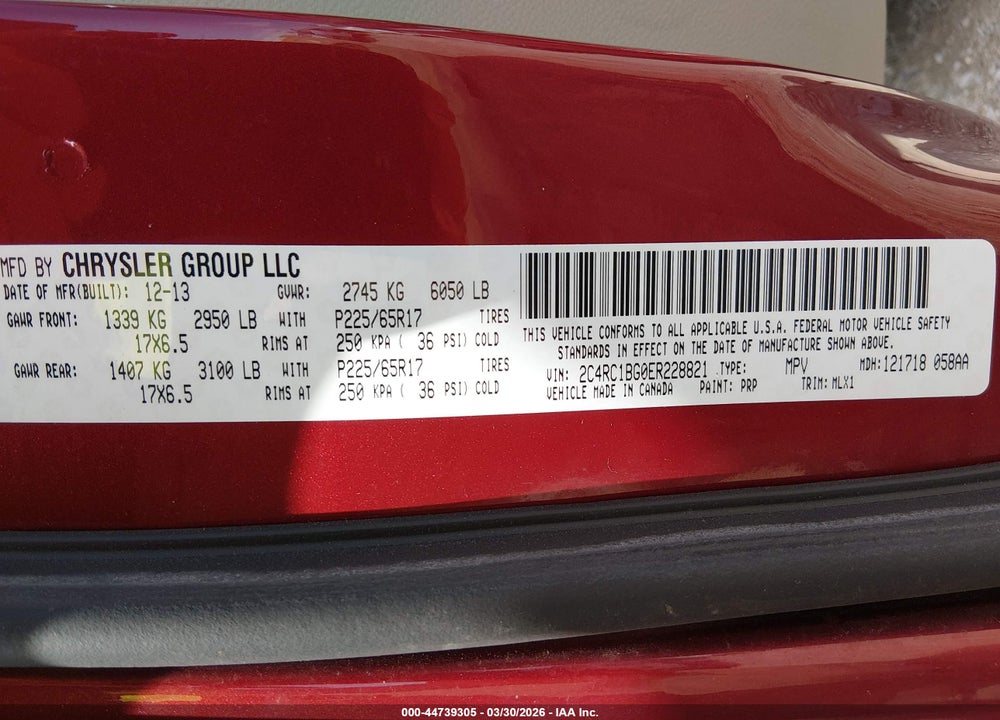 2014 CHRYSLER TOWN & COUNTRY TOURING VIN: 2C4RC1BG0ER228821