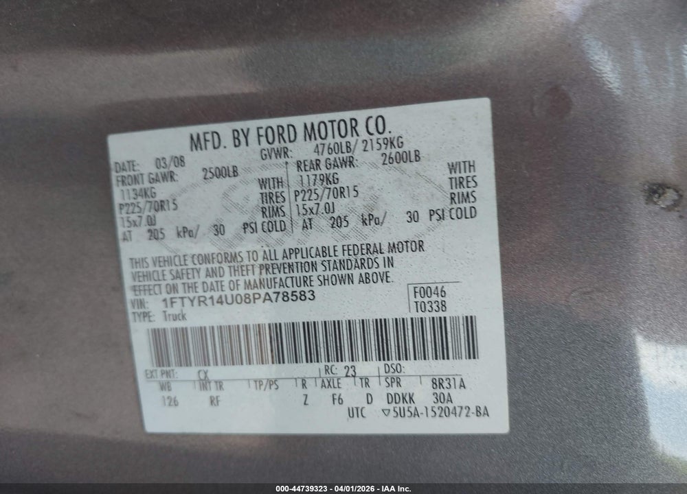 2008 FORD RANGER SPORT/XL/XLT VIN: 1FTYR14U08PA78583