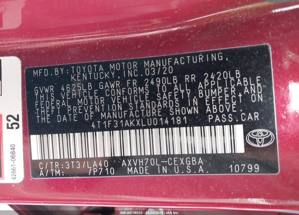 2020 TOYOTA CAMRY XLE HYBRID VIN: 4T1F31AKXLU014181