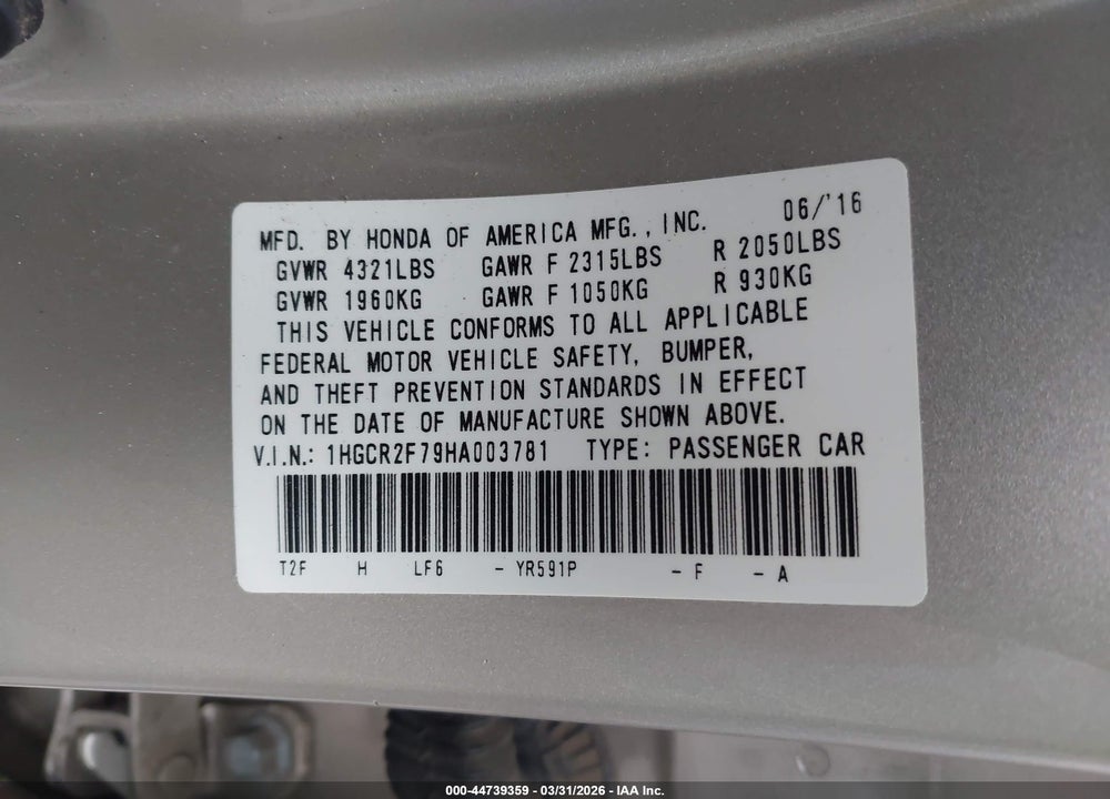 2017 HONDA ACCORD EX VIN: 1HGCR2F79HA003781