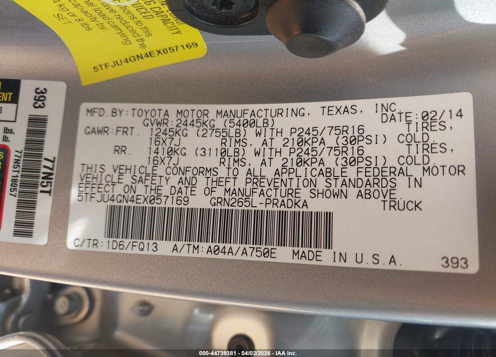 2014 TOYOTA TACOMA PRERUNNER V6 VIN: 5TFJU4GN4EX057169