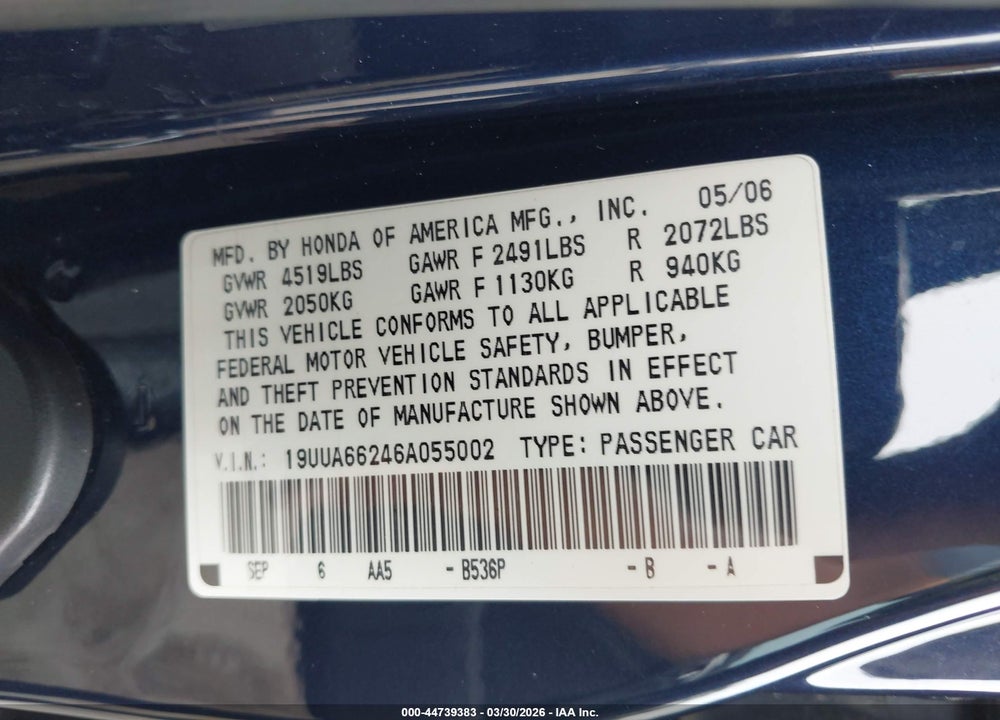 2006 ACURA TL VIN: 19UUA66246A055002