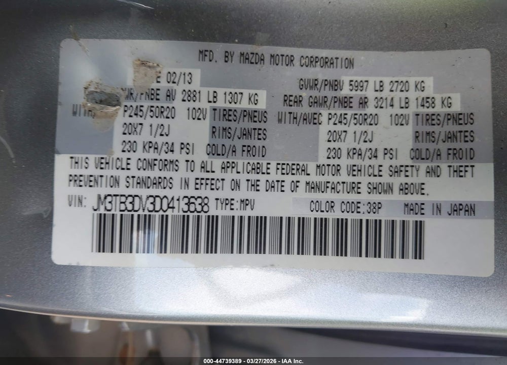 2013 MAZDA CX-9 GRAND TOURING VIN: JM3TB3DV3D0413638