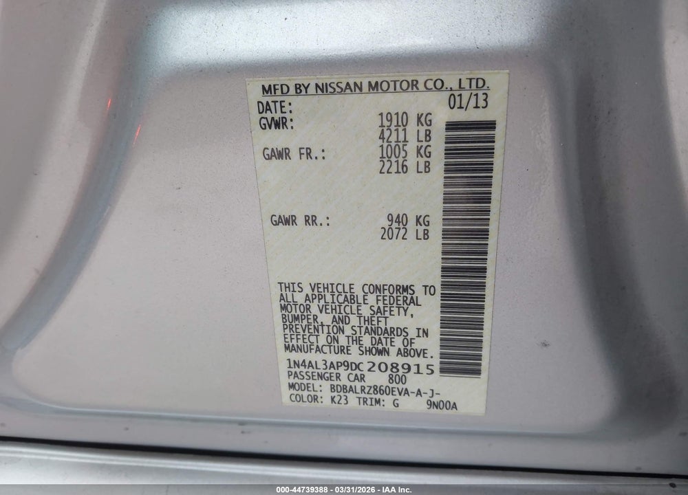 2013 NISSAN ALTIMA 2.5 S VIN: 1N4AL3AP9DC208915