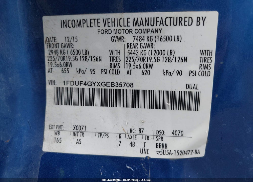 2016 FORD F-450 CHASSIS XL VIN: 1FDUF4GYXGEB35708