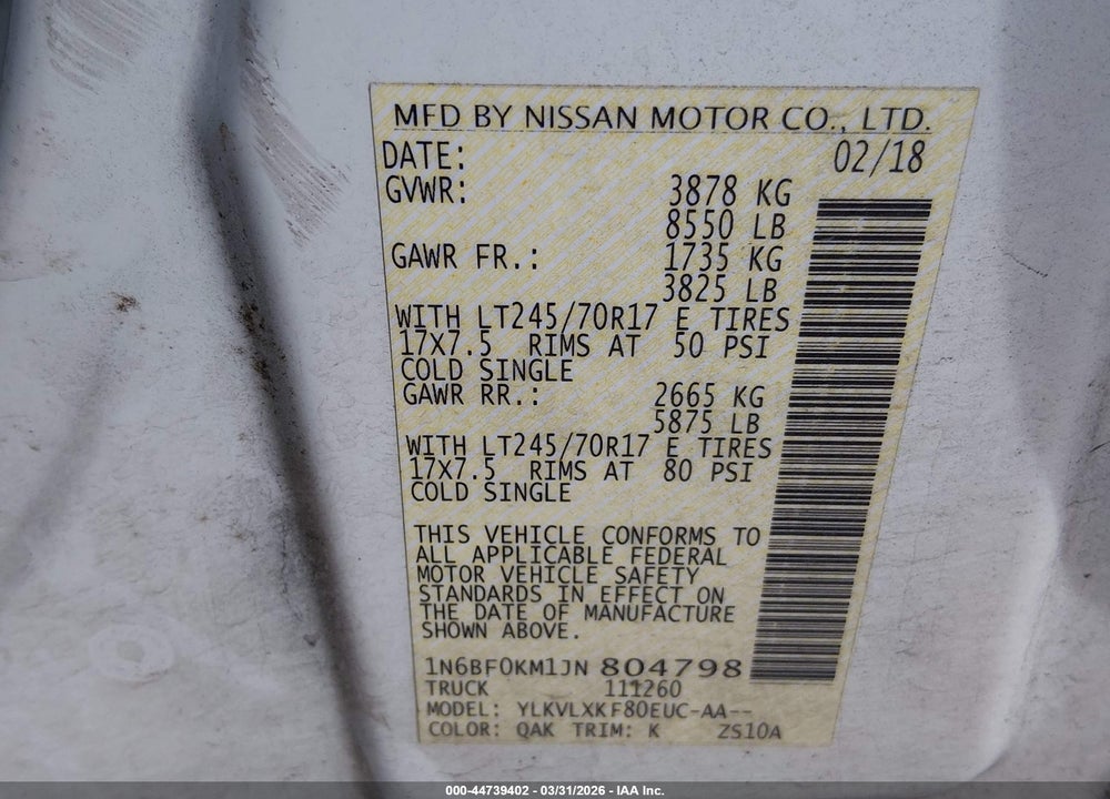 2018 NISSAN NV CARGO NV1500 SV V6 VIN: 1N6BF0KM1JN804798