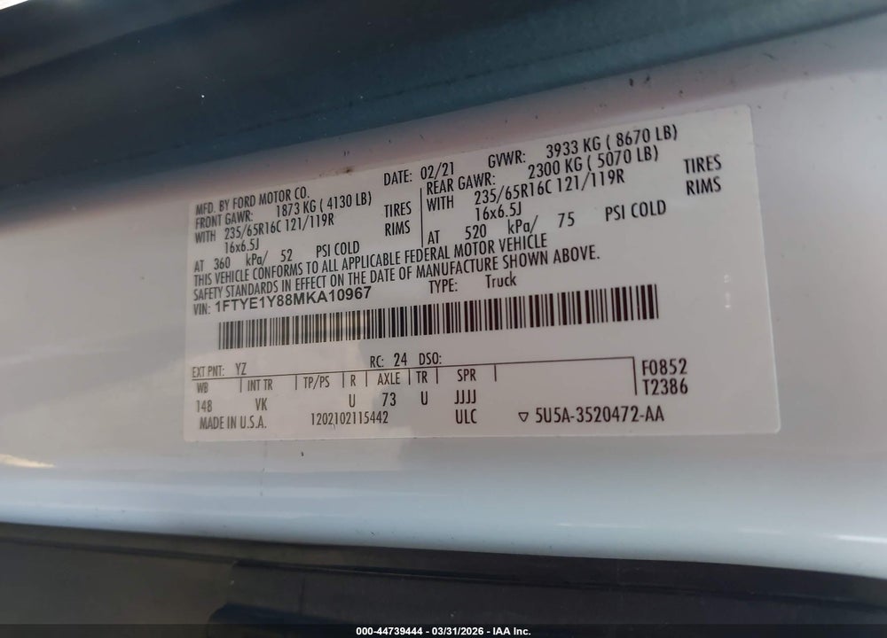 2021 FORD TRANSIT-150 VIN: 1FTYE1Y88MKA10967