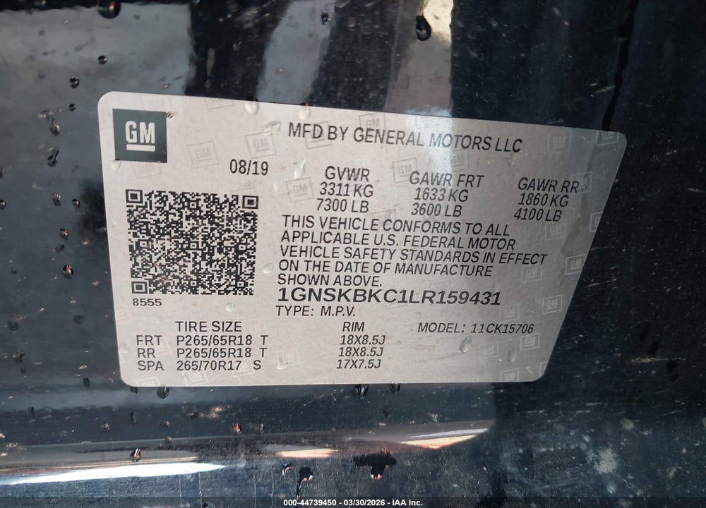 2020 CHEVROLET TAHOE 4WD LT VIN: 1GNSKBKC1LR159431
