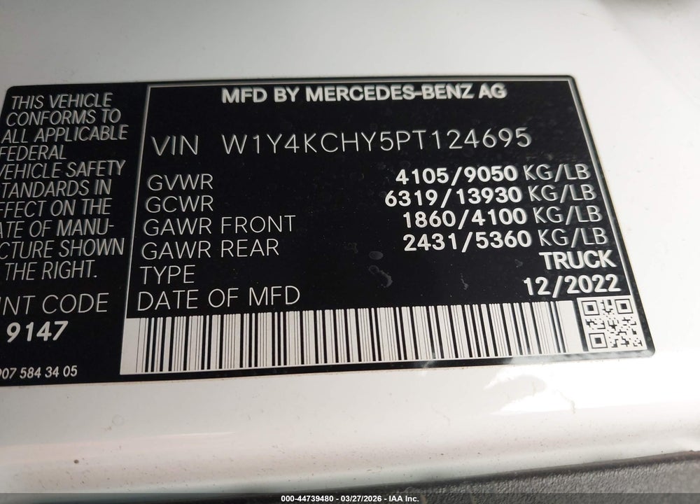 2023 MERCEDES-BENZ SPRINTER 2500 HIGH ROOF 4-CYL DIESEL VIN: W1Y4KCHY5PT124695