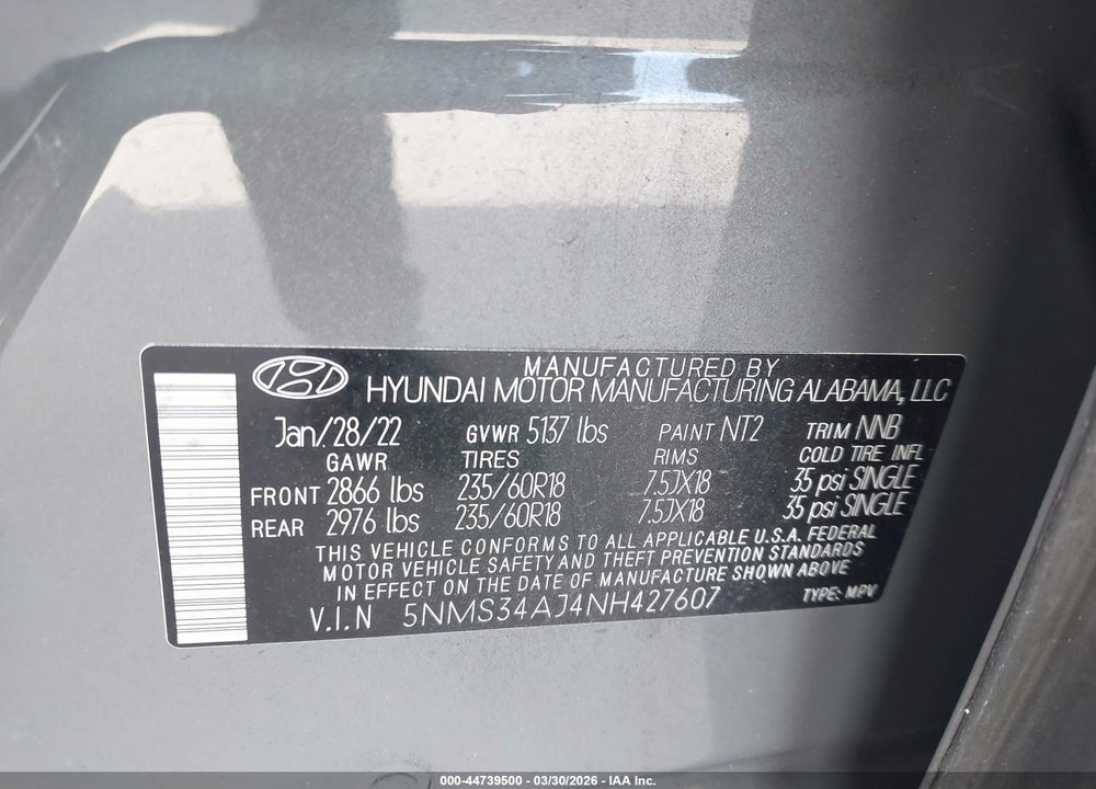 2022 HYUNDAI SANTA FE SEL VIN: 5NMS34AJ4NH427607