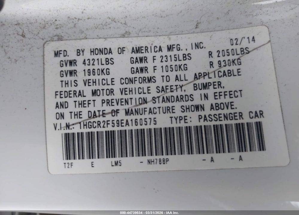 2014 HONDA ACCORD SPORT VIN: 1HGCR2F59EA160575