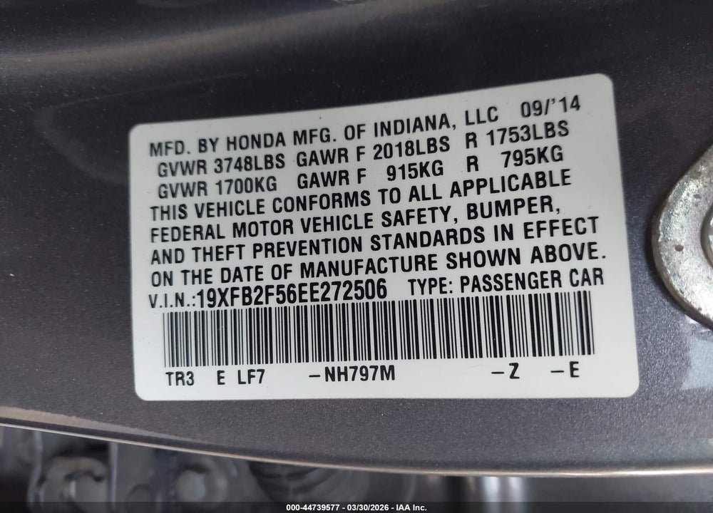 2014 HONDA CIVIC LX VIN: 19XFB2F56EE272506