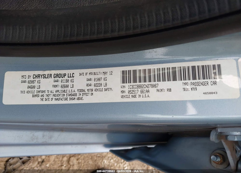 2012 CHRYSLER 200 TOURING VIN: 1C3CCBBB2CN278067