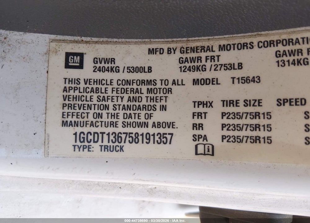 2005 CHEVROLET COLORADO LS VIN: 1GCDT136758191357