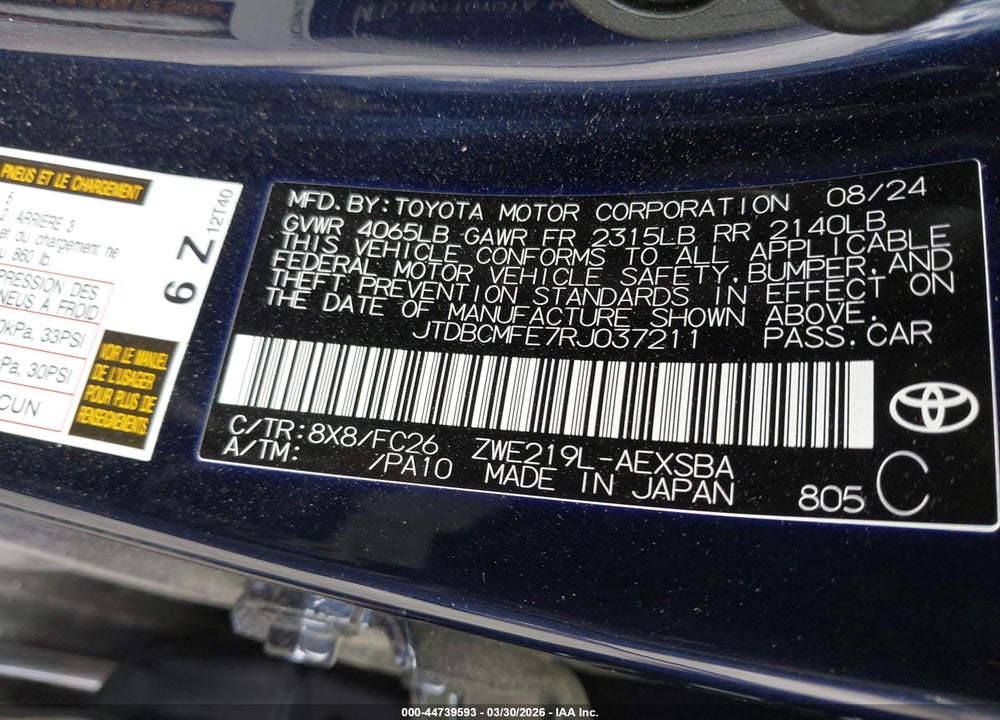 2024 TOYOTA COROLLA HYBRID SE VIN: JTDBCMFE7RJ037211