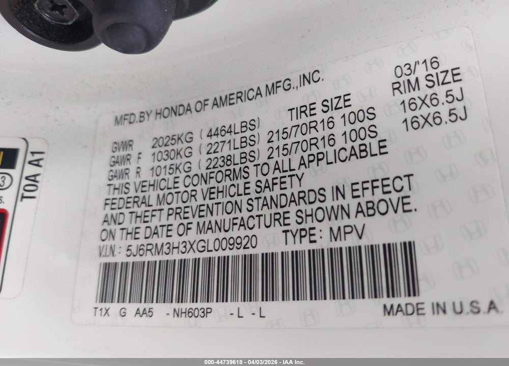 2016 HONDA CR-V LX VIN: 5J6RM3H3XGL009920