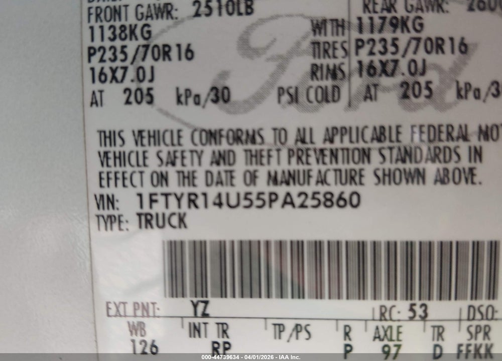 2005 FORD RANGER EDGE/STX/XL/XLT VIN: 1FTYR14U55PA25860