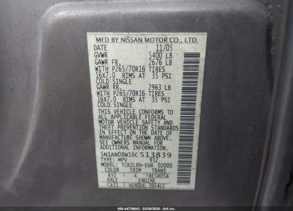 2006 NISSAN XTERRA S VIN: 5N1AN08W16C513839