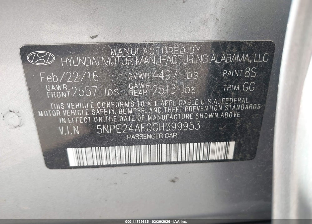 2016 HYUNDAI SONATA VIN: 5NPE24AF0GH399953