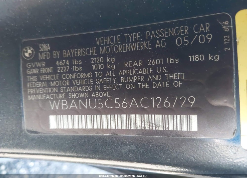 2010 BMW 528I VIN: WBANU5C56AC126729